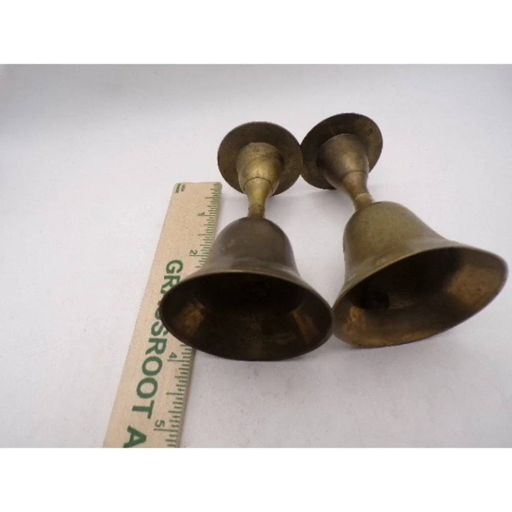 Vintage Brass Bell Candle Holder Set Pair Hand‎ Bell Taper Holders Aged Patina